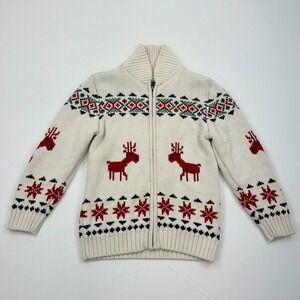 Hanna Andersson Full Zip Knit Wool Sweater Girls 8 Cardigan Reindeer Snowflake